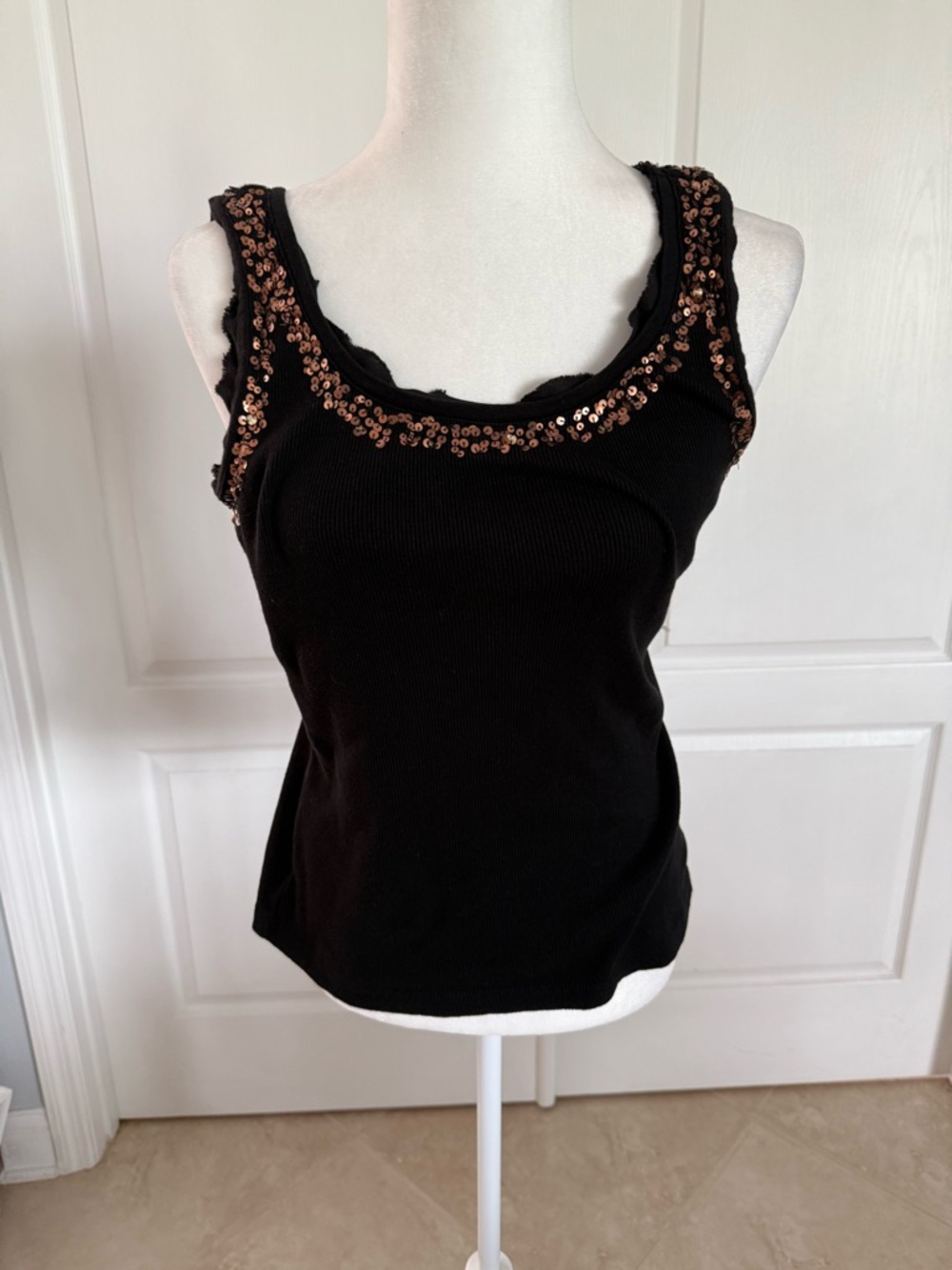 Style & Co. Black Ribbed Tank with Bronze Sequin Trim